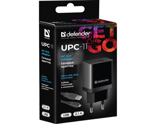 Зарядний пристрій Defender UPС-11 1xUSB,5V/2.1А, кабель micro-USB (83556)