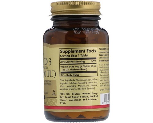 Вітамін Solgar Вітамін D3, Cholecalciferol, 25 мкг, 1,000 МE, 180 таблеток (SOL-03311)