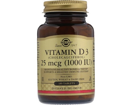 Вітамін Solgar Вітамін D3, Cholecalciferol, 25 мкг, 1,000 МE, 180 таблеток (SOL-03311)