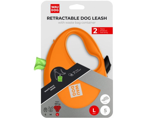 Повідок для собак WAUDOG R-leash з контейнером для пакетів L до 40 кг 5 м помаранчевий (26294)