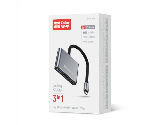 Концентратор ColorWay USB-C 3-in-1 USB 3.0 + HDMI 4K + USB-C PD100W (CW-HUB08)