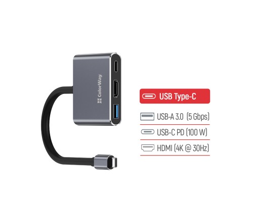 Концентратор ColorWay USB-C 3-in-1 USB 3.0 + HDMI 4K + USB-C PD100W (CW-HUB08)