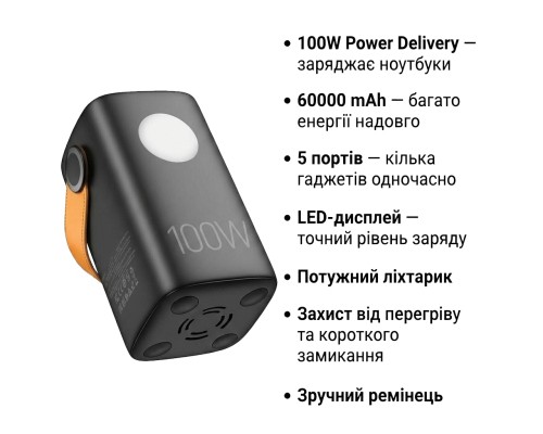 Батарея універсальна HOCO 60000mAh Astrum PD/100W, QC/3.0, LED lamp, Black (DB160 / 714724)