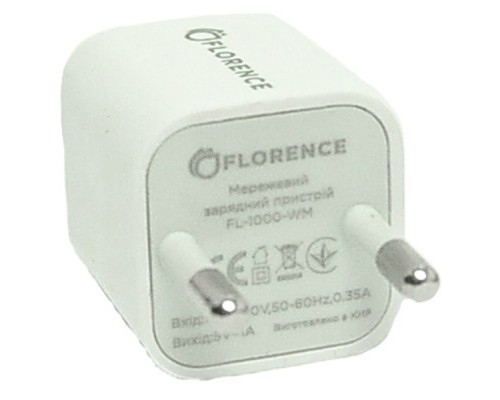 Зарядний пристрій Florence 1USB 1A + microUSB cable white (FL-1000-WM)