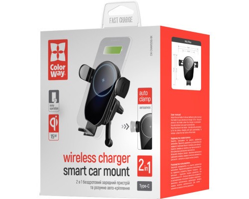 Універсальний автотримач ColorWay AutoSense Car whith Wireless Charger 15W Black (CW-CHAW025Q-BK)