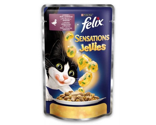 Вологий корм для кішок Purina Felix Sensations Jellies в желе з качкою і шпинатом 100 г (7613035469662)