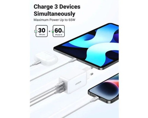 Зарядний пристрій Ugreen USB-A+2*USB-C 65W GaN Tech Fast White (CD224/15334)