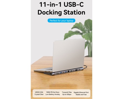 Концентратор Vention USB3.1 Type-C to HDMI/VGA/USB-C/USB3.0x3/RJ45/SD/TF/TRRS 3.5mm/PD 100W 11in1 (THTHC)