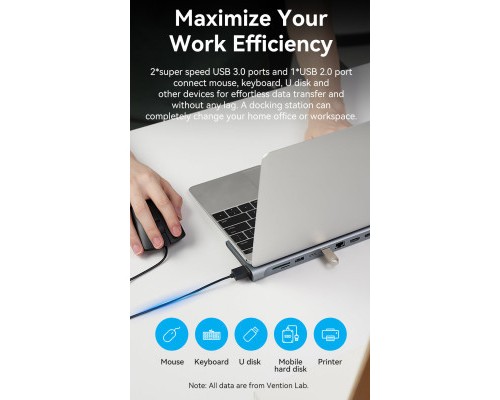 Концентратор Vention USB3.1 Type-C to HDMI/VGA/USB-C/USB3.0x3/RJ45/SD/TF/TRRS 3.5mm/PD 100W 11in1 (THTHC)