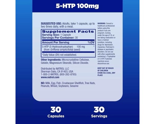 Амінокислота Natrol 5-HTP (Гідрокситриптофан), 100 мг, 5-HTP, 30 капсул (NTL04093) 