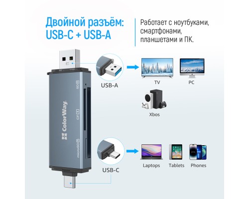 Зчитувач флеш-карт ColorWay USB 2.0/USB-C to CF/SD/MicroSD (CW-CR-01)