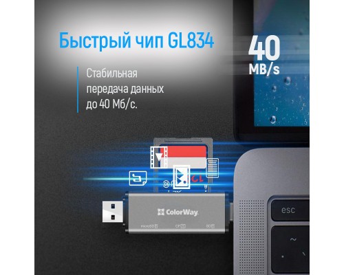 Зчитувач флеш-карт ColorWay USB 2.0/USB-C to CF/SD/MicroSD (CW-CR-01)