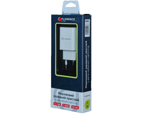 Зарядний пристрій Florence 1USB 2A + Lightning cable white (FL-1020-WL)