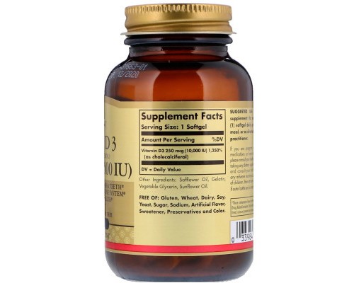 Вітамін Solgar Вітамін D3, Vitamin D3 (Cholecalciferol), 250 мкг, 10,000 МE (SOL-35872)