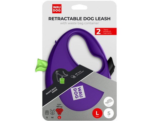 Повідок для собак WAUDOG R-leash з контейнером для пакетів L до 40 кг 5 м фіолетовий (26299)