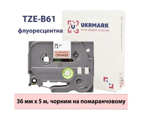 Стрічка для принтера етикеток UKRMARK B-Fc-TB61P-BK/OR, аналог TZeB61, флуорисцентна, 36мм х 8м, black on orange (900539)