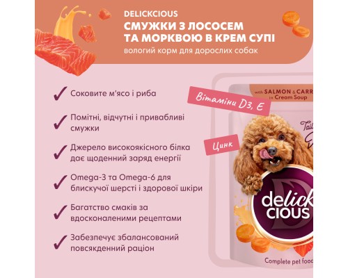 Вологий корм для собак Delickcious Смужки з лососем та морквою в крем-супі 85 г (4820269142053) Вологий корм для собак Delickcious Смужки з лососем та морквою в крем-супі 85 г (4820269142053)