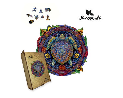 Пазл Ukropchik дерев'яний Мандала Черепаха size - L в коробці з набором-рамкою (Mandala Turtle A3)