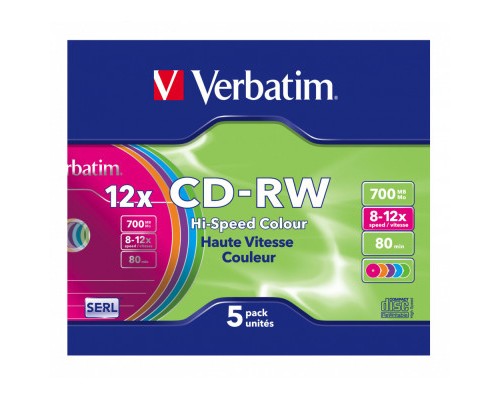 Диск CD Verbatim CD-RW 700Mb 12X SlimBox 5шт Color (43167)