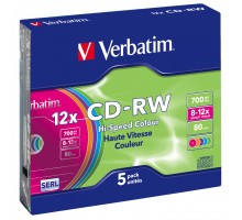 Диск CD Verbatim CD-RW 700Mb 12X SlimBox 5шт Color (43167)