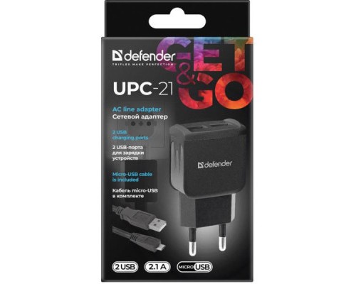 Зарядний пристрій Defender UPС-21 2xUSB,5V/2.1А кабель microUSB (83581)