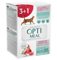 Вологий корм для кішок Optimeal із чутливим травленням з ягням та філе індички в соусі 4x85 г (4820215366182)