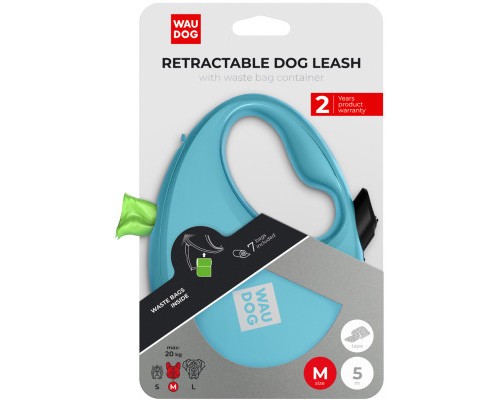 Повідок для собак WAUDOG R-leash з контейнером для пакетів M до 20 кг 5 м блакитний (26282)