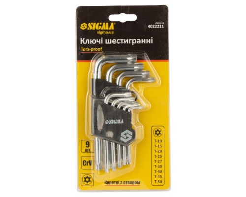 Ключ Sigma набір TORX 9шт T10-T50 CrV, короткі з отвором (4022211)