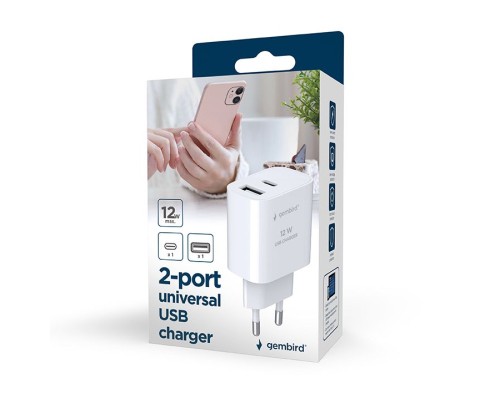 Зарядний пристрій Gembird 1xUSB-A+1xUSB-C 5V/2.4A (12W) white (TA-UC-2AC12-01)