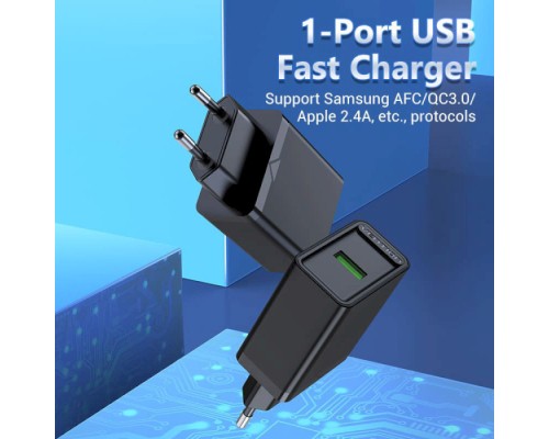 Зарядний пристрій Vention 1xUSB 18W (USB-A) QC3.0 black (FABB0-EU)