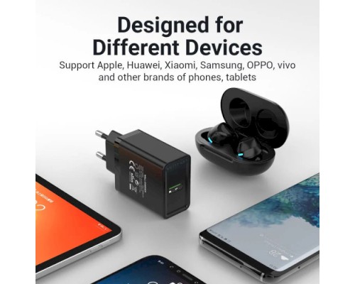 Зарядний пристрій Vention 1xUSB 18W (USB-A) QC3.0 black (FABB0-EU)