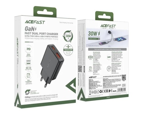 Зарядний пристрій Acefast 2xUSB 30W (USB-C+USB-A) Gan A69 ultra-thin Fast Charger Black (6974316282709)