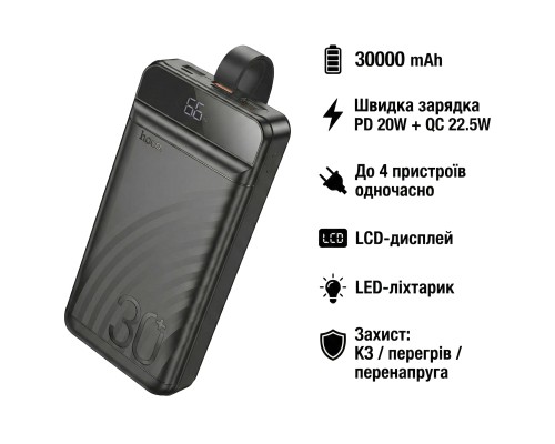 Батарея універсальна HOCO 30000mAh Element PD/20W, QC/22.5W, LED Lamp, Black (J123B / 714735)