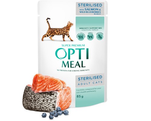 Вологий корм для кішок Optimeal для стерилізованих/кастрованих з лососем та чорницею в желе 85 г (4820269140141)