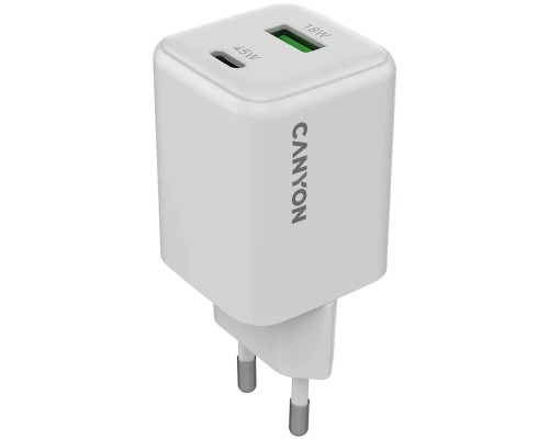 Зарядний пристрій Canyon CU45AC GaN 45W 1xPD 1xQC EU White (CNS-CUW45AC)