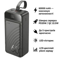 Батарея універсальна HOCO 60000mAh Element PD/20W, QC/22.5W, LED Lamp, Black (J123C / 714736)
