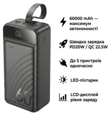 Батарея універсальна HOCO 60000mAh Element PD/20W, QC/22.5W, LED Lamp, Black (J123C / 714736)