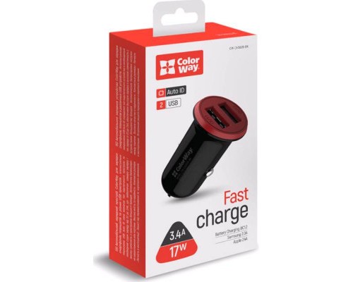Зарядний пристрій ColorWay 2USB AUTO ID 3.4A (17W) red/black (CW-CHA026-BK)