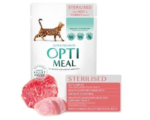 Вологий корм для кішок Optimeal для стерилізованих/кастрованих з яловичиною та індичим філе в желе 85 г (4820215365901)
