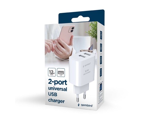 Зарядний пристрій Gembird 2 USB-A 5V/2.4A (12W) white (TA-UC-2A12-01)