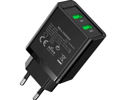 Зарядний пристрій Vention 2xUSB 36W (2xUSB-A) QC3.0 black (FBAB0-EU)