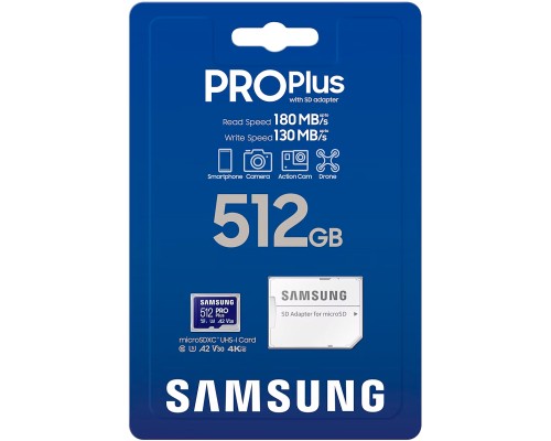 Карта пам'яті Samsung 512 GB microSDXC Pro Plus UHS-I U3 V30 A2 Class 10 + SD-adap (MB-MD512SA/EU) Карта пам'яті Samsung 512 GB microSDXC Pro Plus UHS-I U3 V30 A2 Class 10 + SD-adap (MB-MD512SA/EU)