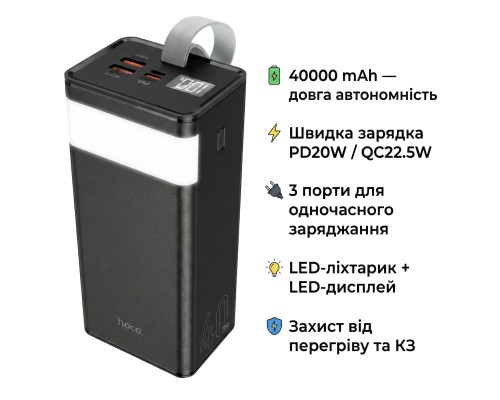 Батарея універсальна HOCO 40000mAh Powermaster PD/20W, QC/22.5W, Lamp, Black (J86 / 714737)