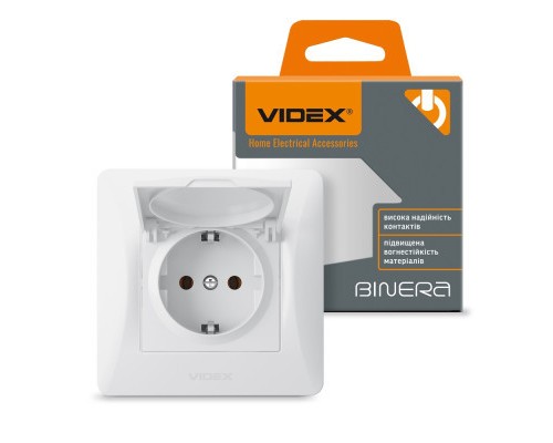 Розетка Videx BINERA 1ая із заземленням і кришкою (VF-BNSK)