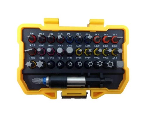 Набір біт DeWALT Phillips, Pozidriv, Torx, Slotted, Hex, L=25 мм, 32 шт, кейс (DT7969)