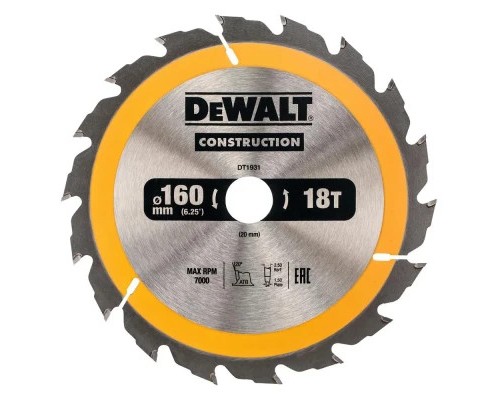 Диск пильний DeWALT СONSTRUCTION , 160 х 20 мм, 18 z, АВТ, 20 градусів (DT1931)