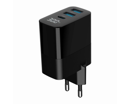Зарядний пристрій Gembird 2хUSB-A (QC3.0 18W) + 1хType-C (PD20W) LCD black (TA-UC-PDQC30LCD-BK-02)