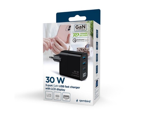 Зарядний пристрій Gembird 2хUSB-A (QC3.0 18W) + 1хType-C (PD20W) LCD black (TA-UC-PDQC30LCD-BK-02)
