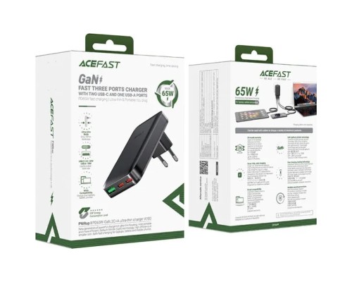 Зарядний пристрій Acefast 3xUSB 65W (2xUSB-C+USB-A) Gan A100 Fast Charger Ultra thin black (6974316283492)