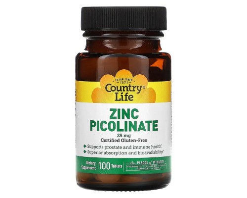 Мінерали Country Life Цинк піколінат 25 мг, Zinc Picolinate, 100 таблеток (CLF-02967)
